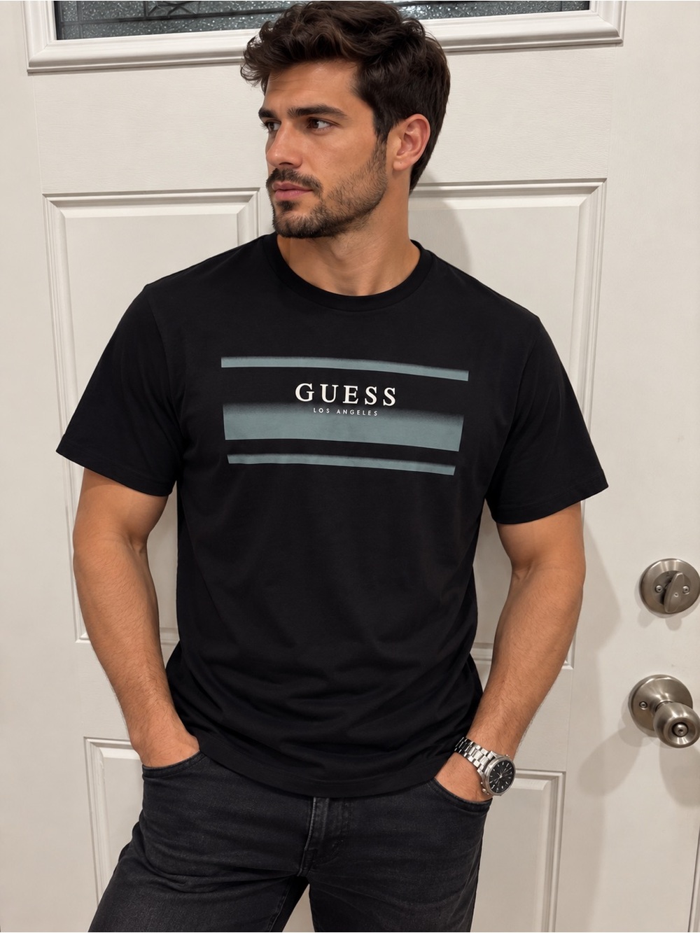 Guess Black Short-Sleeve Logo Tee with Gray Stripe Detail
